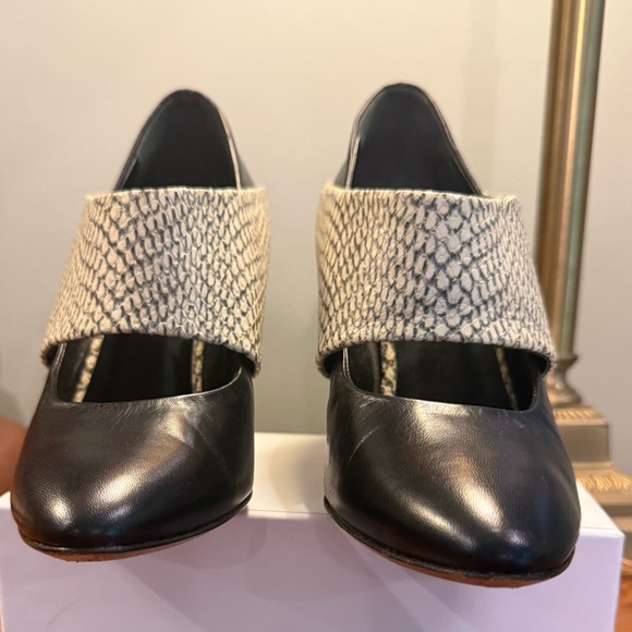 Loeffler Randall Black Leather Cream Snakeskin Colorblock 3.75”Heels Size 7 $428 - Picture 7 of 12